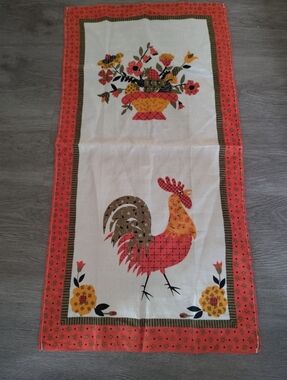 Vintage Linen Tea Towel Americana Rooster Farmhouse MCM Retro Kitchen Orange